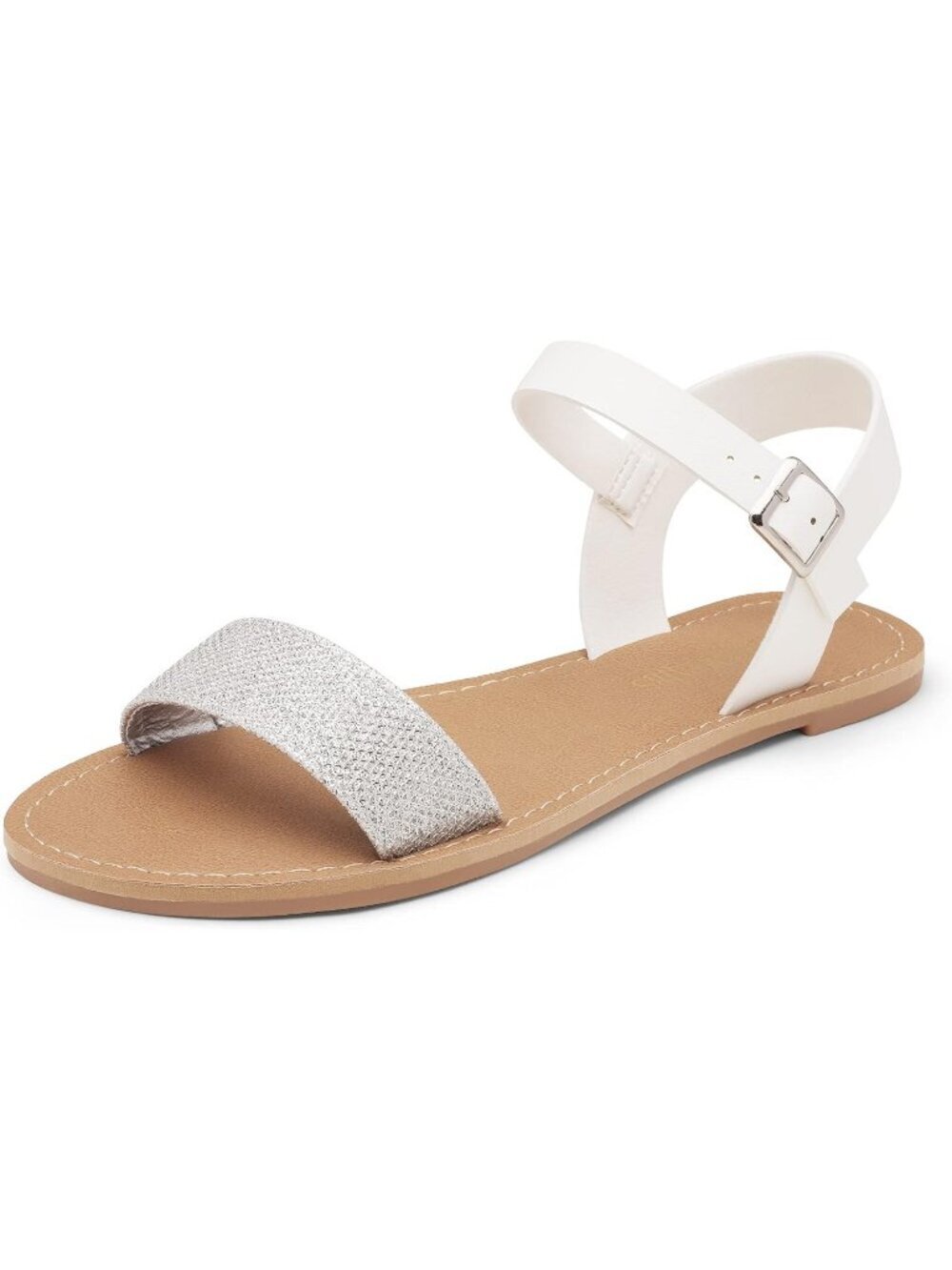 Women's Silver Glitter Ankle Strap Flat Open Toe One Band Buckle Summer Sandal
